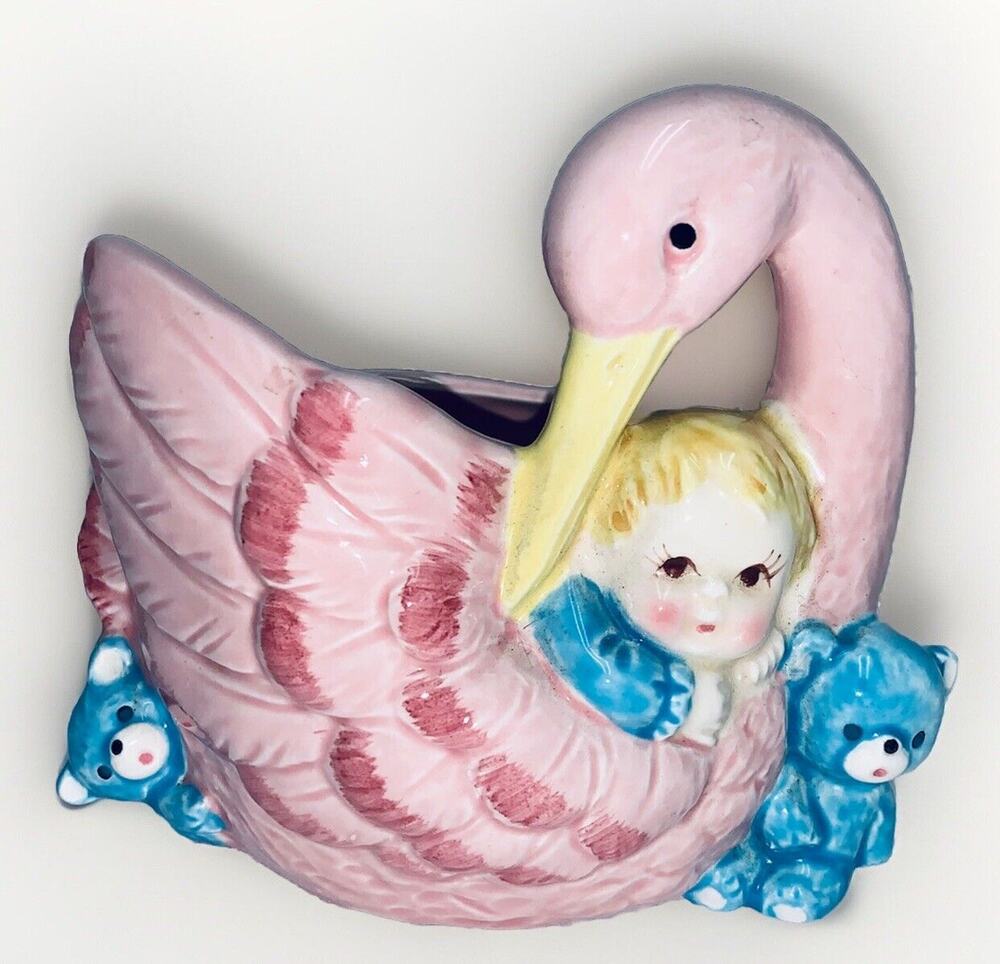 Stork Nancy Pew Giftwares Co. Japan 8207 Baby Nursery Planter Pink 2 Blue Bears